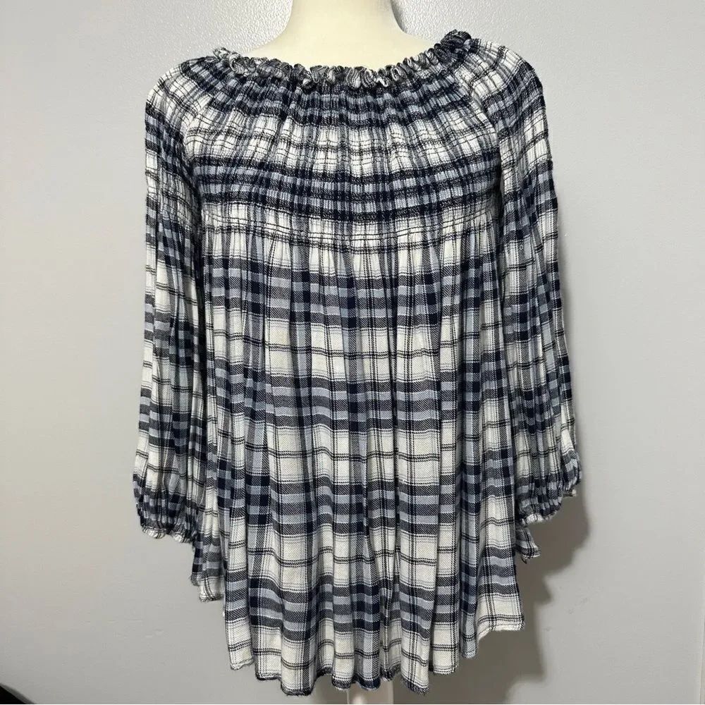 Altard State Blouse Smocked Plaid Blue White Elastic Peasant size M